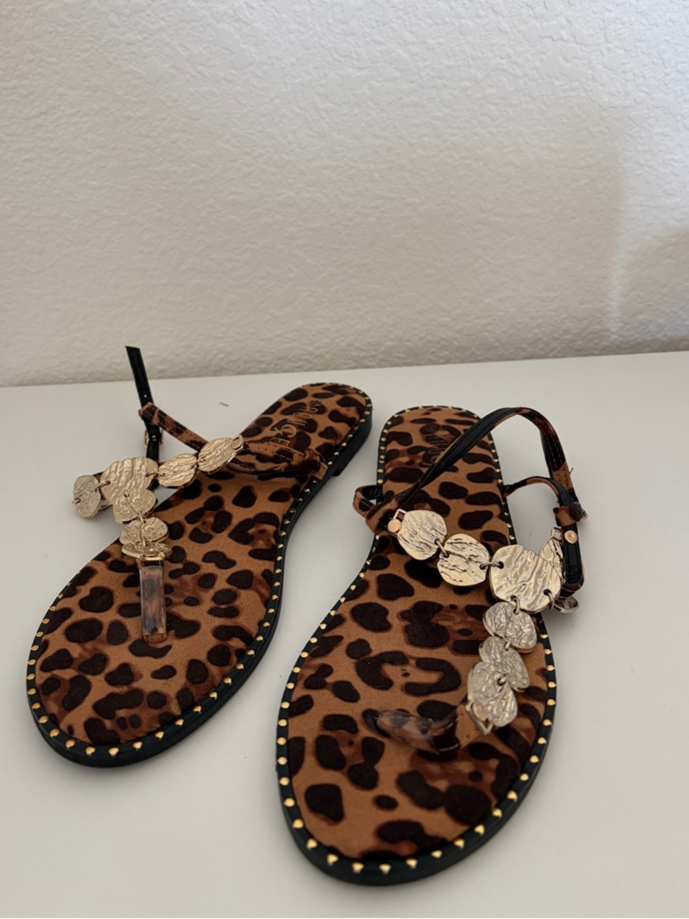 Leopard Print Thong Sandals with Gold Accents